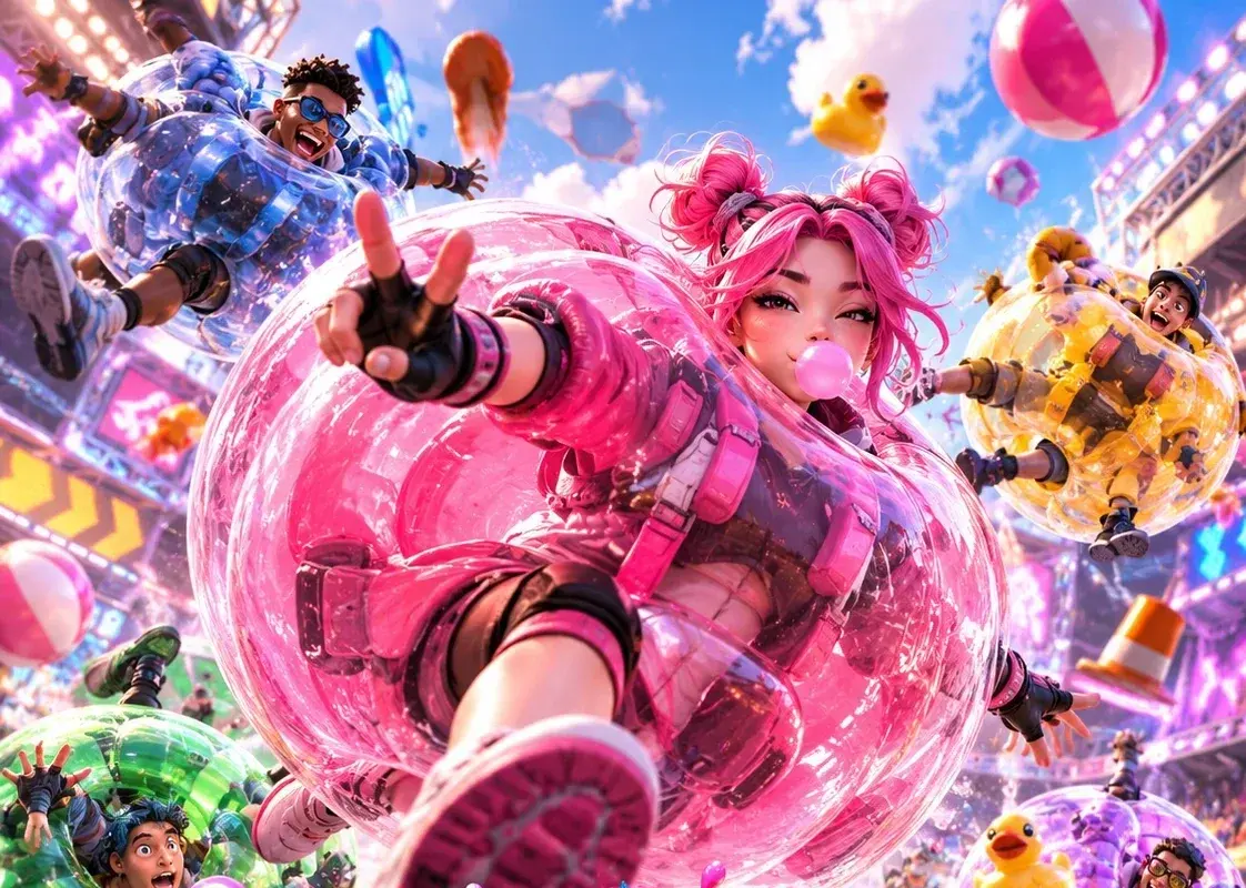 Bubble Human key art: players tumble inside giant colorful bubbles through a bright arena.