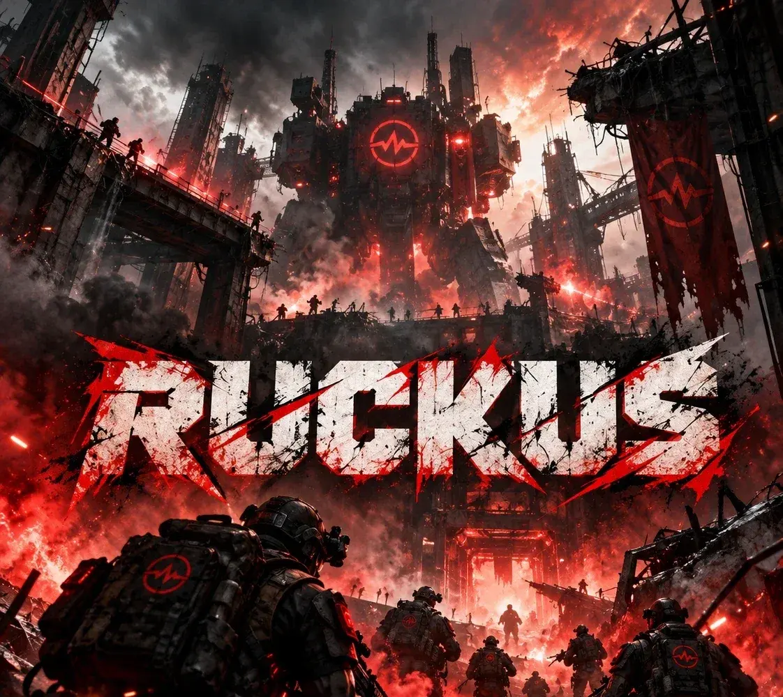 RUCKUS key art: armored squads advance beneath a towering war machine marked with the AfterShock pulse.
