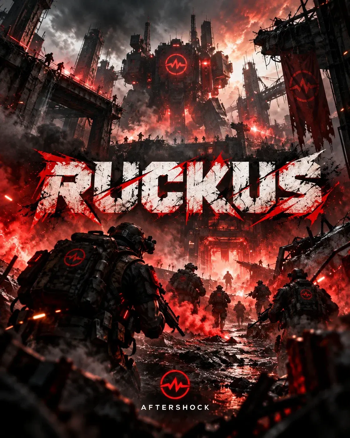 RUCKUS key art: armored squads advance beneath a towering war machine marked with the AfterShock pulse.