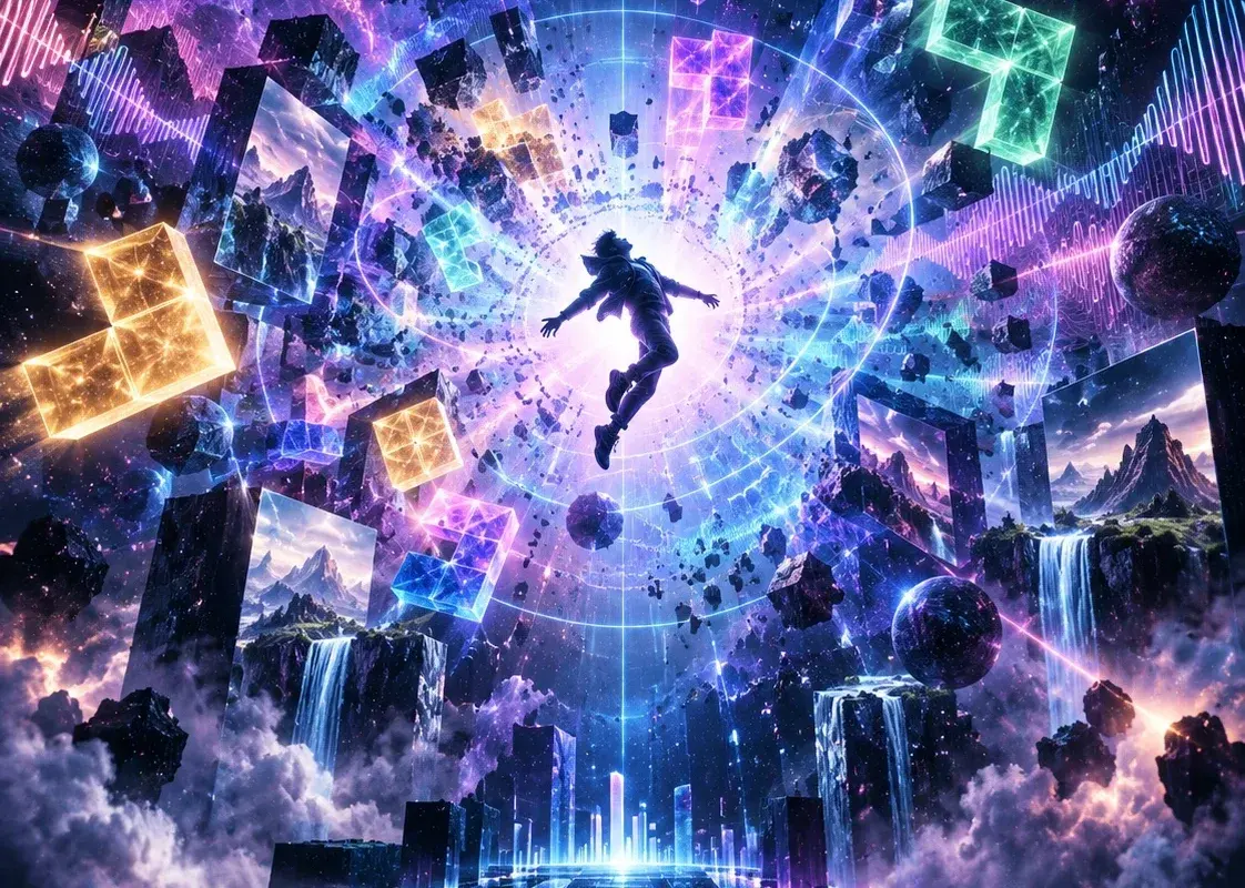 Concept art: a figure leaps through an explosion of light and falling blocks inside a ring of worlds.