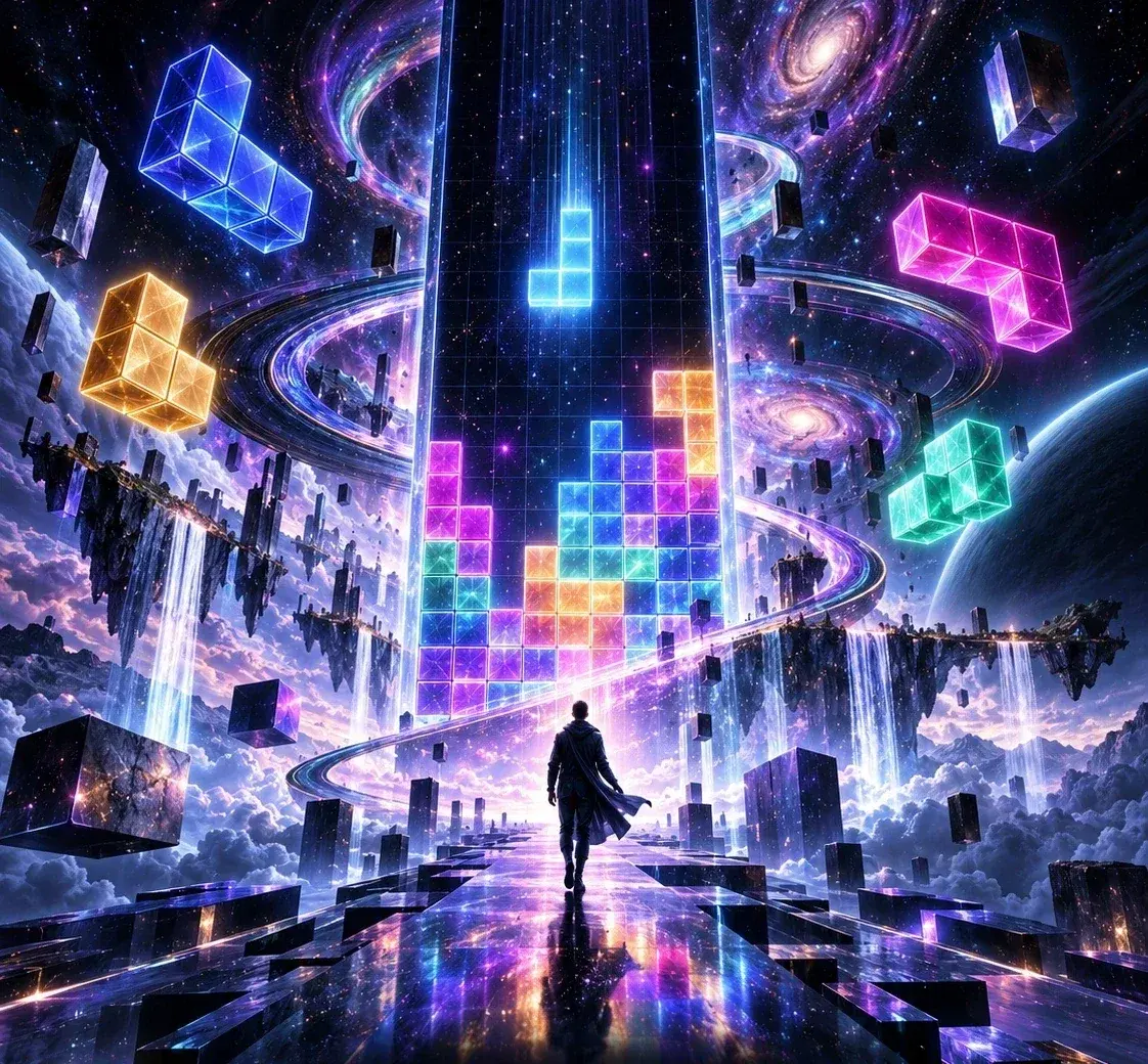 Concept art: a lone figure walks a glowing path toward a towering grid of luminous blocks in a cosmic sky.